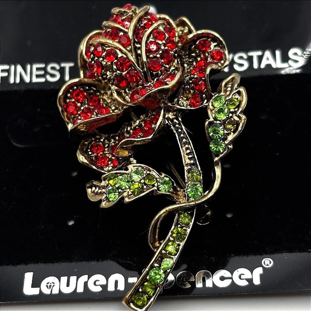 Vintage Lauren Spencer Red Crystal Rose Brooch Pin Gold Tone Statement Flower